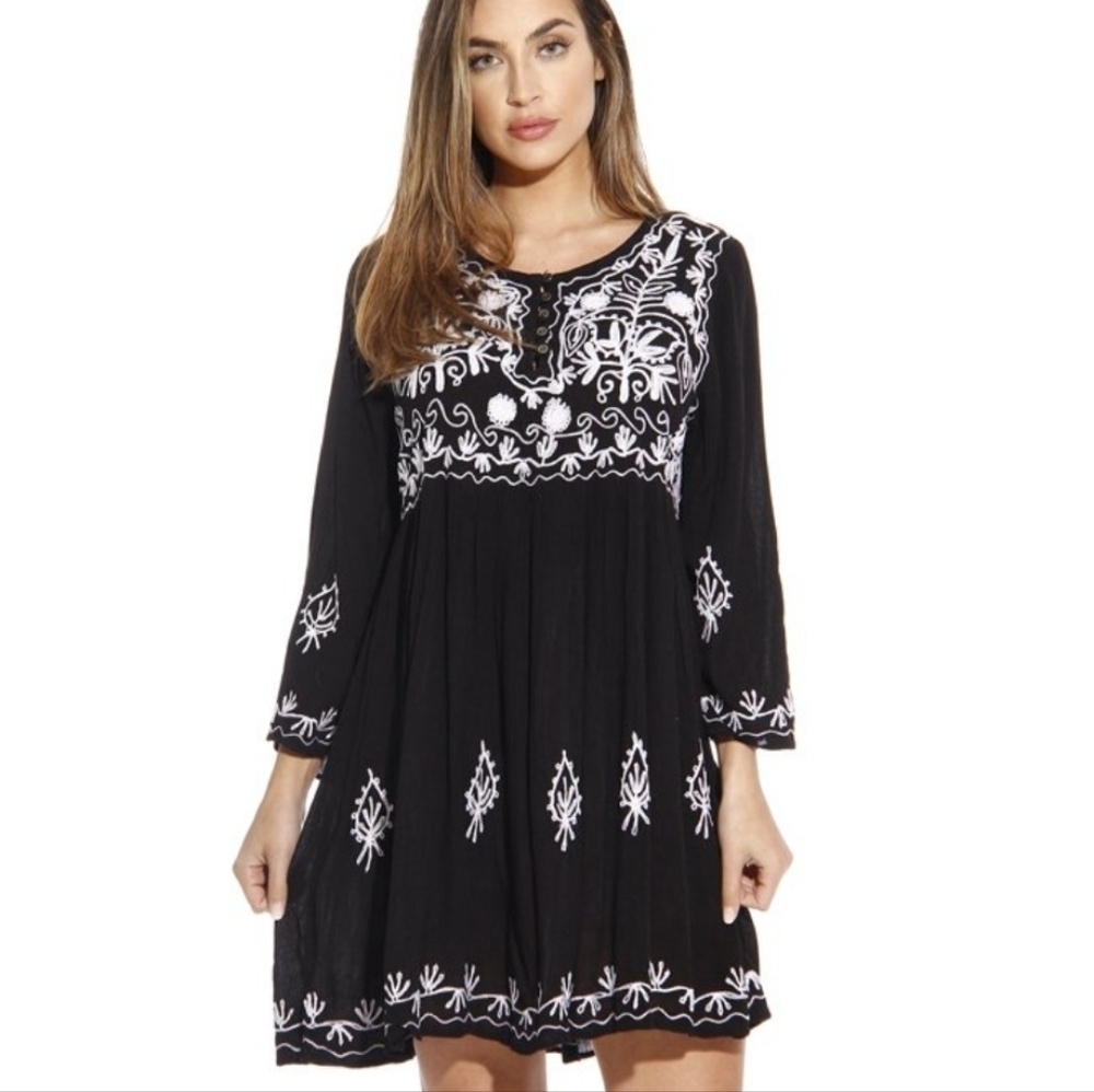 Exist Dress Tunic Blue Floral Embroidered Pullover Baby Doll Women Size M Boho